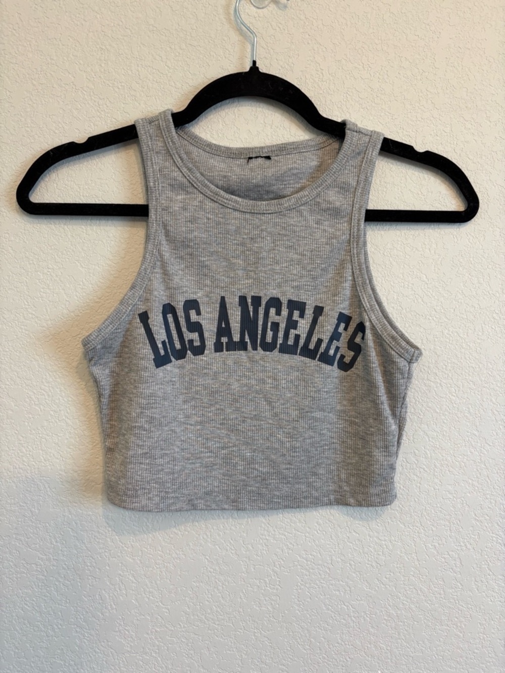 LA Graphic Crop Tank Top Gray Y2K Baby Tee Ribbed Fitted Athleisure Top XS/S